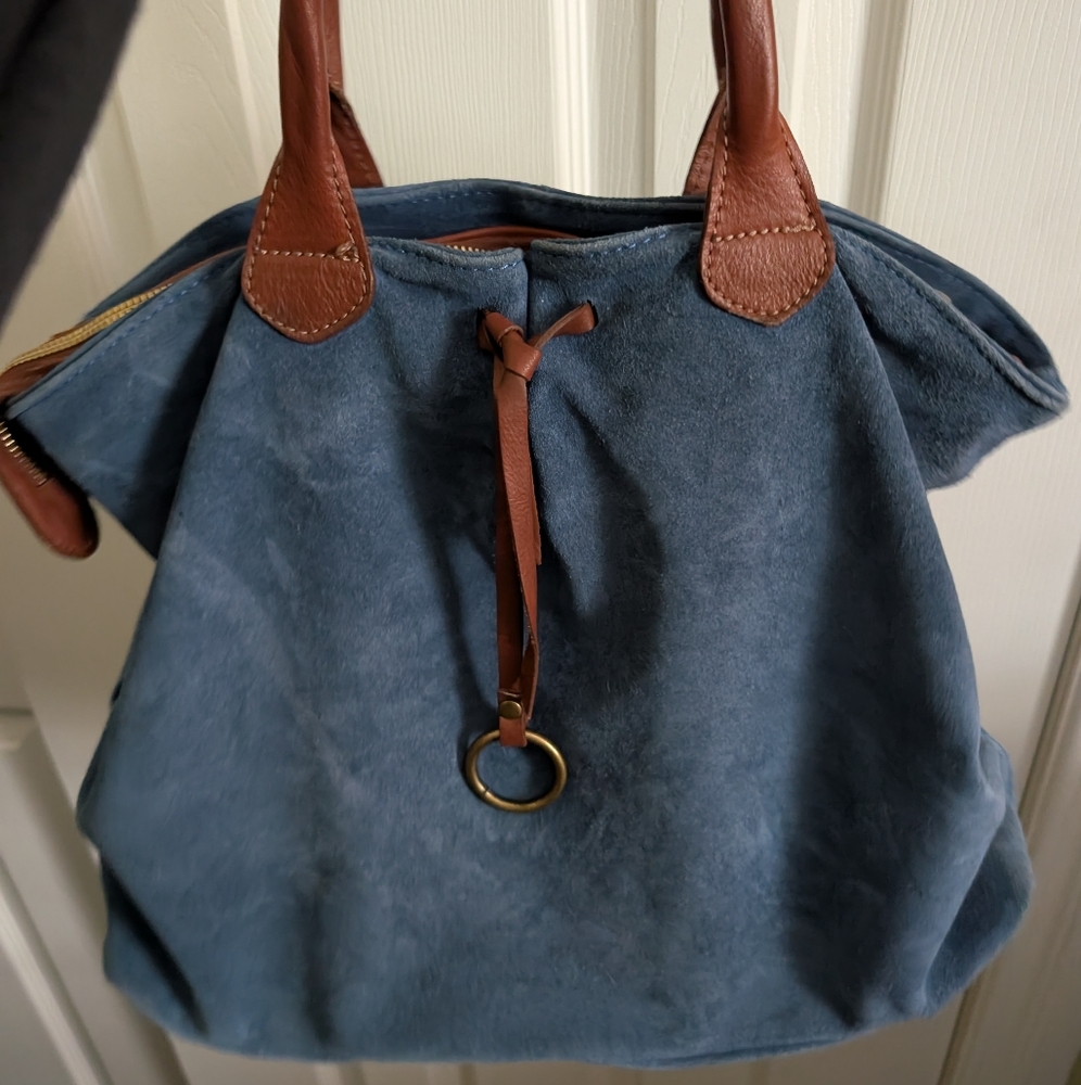 Blue Suede Tote Bag with Brown Leather Accents